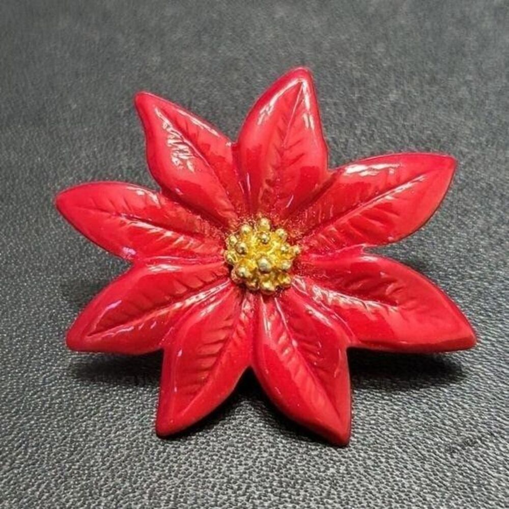 Vintage Gold Tone Red Enamel Poinsettia Brooch Pin Lapel Hat Scarf